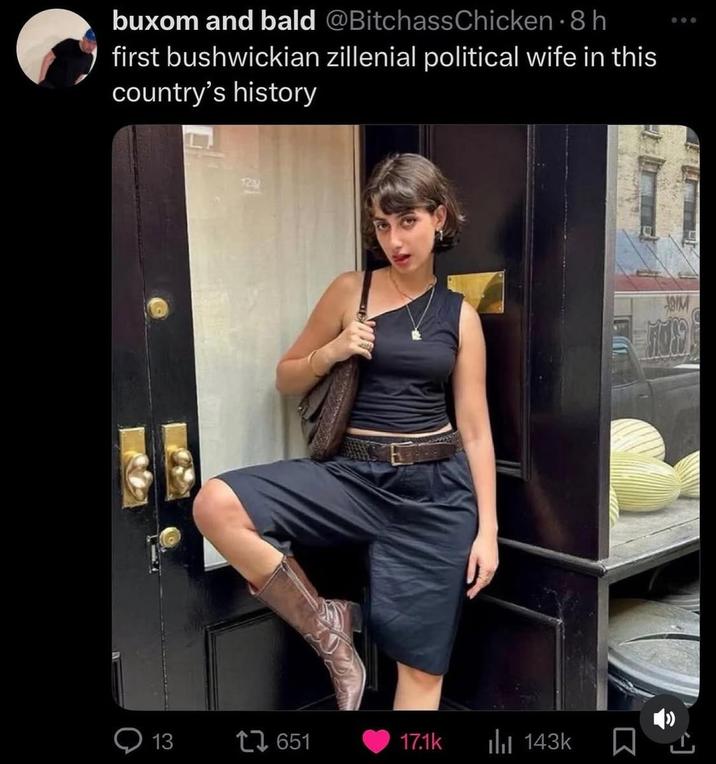 buxom and bald @Bitchass Chicken ⚫ 8 h first bushwickian zillenial political wife in this country's history 522 13 7651 17.1k Ilil 143k 000 18IM