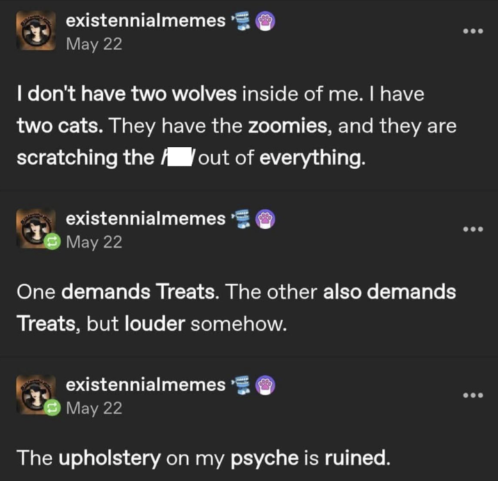 existennialmemes May 22 I don't have two wolves inside of me. I have two cats. They have the zoomies, and they are scratching the out of everything. existennialmemes May 22 One demands Treats. The other also demands Treats, but louder somehow. existennialmemes May 22 The upholstery on my psyche is ruined.