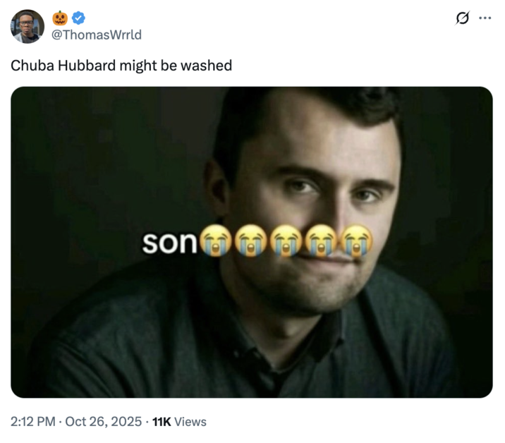 A "tweet":https://knowyourmeme.com/memes/sites/twitter-x using the  Charlie Kirk "Son😭😭😭😭😭" meme, a "Charlie Kirk Face Swap":https://knowyourmeme.com/memes/charlie-kirk-face-swaps-kirkified-memes image of "Anthony's Mackie Smirk Meme":https://knowyourmeme.com/memes/anthony-mackies-smirk. 