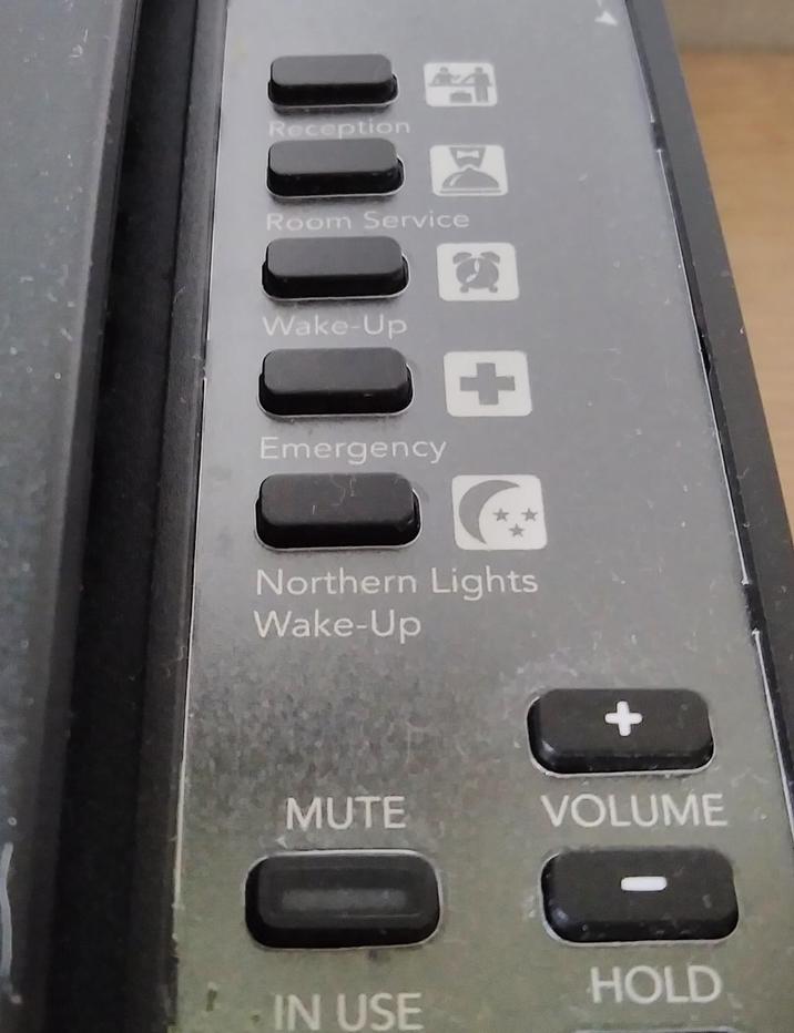 Reception Room Service Wake-Up Emergency + Northern Lights Wake-Up MUTE 0 VOLUME HOLD IN USE