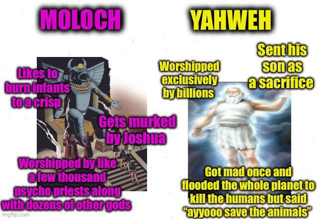 MOLOCH Likes to burninfants toacrisp YAHWEH Worshipped exclusively by billions Gets murked by Joshua Worshipped by like afew thousand psycho priests along with dozens of other gods imgflip.com Sent his son as a sacrifice Got mad once and flooded the whole planet to kill the humans but said "ayyooo save the animals"