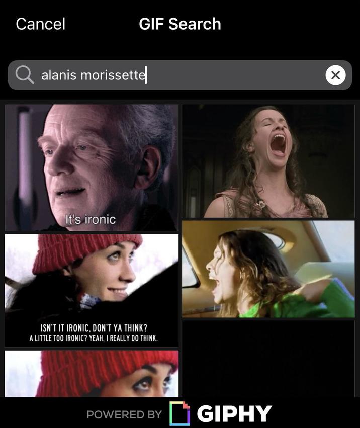Cancel GIF Search alanis Morissette It's ironic ISN'T IT IRONIC, DON'T YA THINK? A LITTLE TOO IRONIC? YEAH, I REALLY DO THINK. POWERED BY GIPHY ✗
