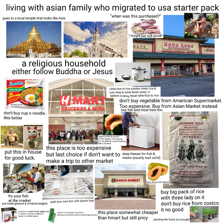 living with asian family who migrated to usa starter pack goes to a local temple that looks like Asia "when was this purchased?" "i forgot but still good!" shutterstock.com .320076791 超級市場 TONG KONG SUPERMARKET INTERNATIONAL FOODS CHỢ TỔNG T a religious household either follow Buddha or Jesus Indolnic Instant Noodles Mi goreng Fried Noodles Nouilles Sautées-Tallarines Frits STIR FRY NOODLES NET WT/POIDS NET: 3.00 oz (85g) EXPORT PRODUCT Contains Sachets of Seasoning Powder, Seasoning Oil, Sweet Soy Sauce, Chill Sauce, Fried Onion don't buy cup o noodle.. this better MART GROCERIES & MORE cook rice in rice cooker, rinse rice & use mug to pour fresh water in before cooking equal ratio h2o to rice don't buy vegetable from American Supermarket. Too expensive. Buy from Asian Market instead buy fish and meat here too ULL put this in house for good luck. opening drink in market before paying. Then paying for the drink at counter halfway full or finished this place is too expensive but last choice if don't want to deep freezer for fish & make a trip to other market meats (usually rock solid) RANCH MARKET fruits all over the kitchen JASMINE RICE (THAI HOM MALI RICE) MILAGROSA EXTRA SUPER QUALITY ข้าวหอมมะลิชนิดพิเศษ GẠO THÓM THƯỢNG HẠNG 頂上茉莉香米 Three Ladies Brand PRODUCT OF THAILAND NET WT 10 LBS. (4.6 KGS.) www.THREELADIES.COM R fry your fish at the market use hand gesture & minimal english grab your own fish with plastic bag POWER BLEND 21 PIECE BLENDER SET so many unused kitchen appliances in boxes or empty cardboard boxes in random spots grab a lot of plastic bag from produce section to use as trash bag at home this place somewhat cheaper than hmart but still pricy buy big pack of rice with three lady on it don't buy rice from costco it no good planting the fruits you bought