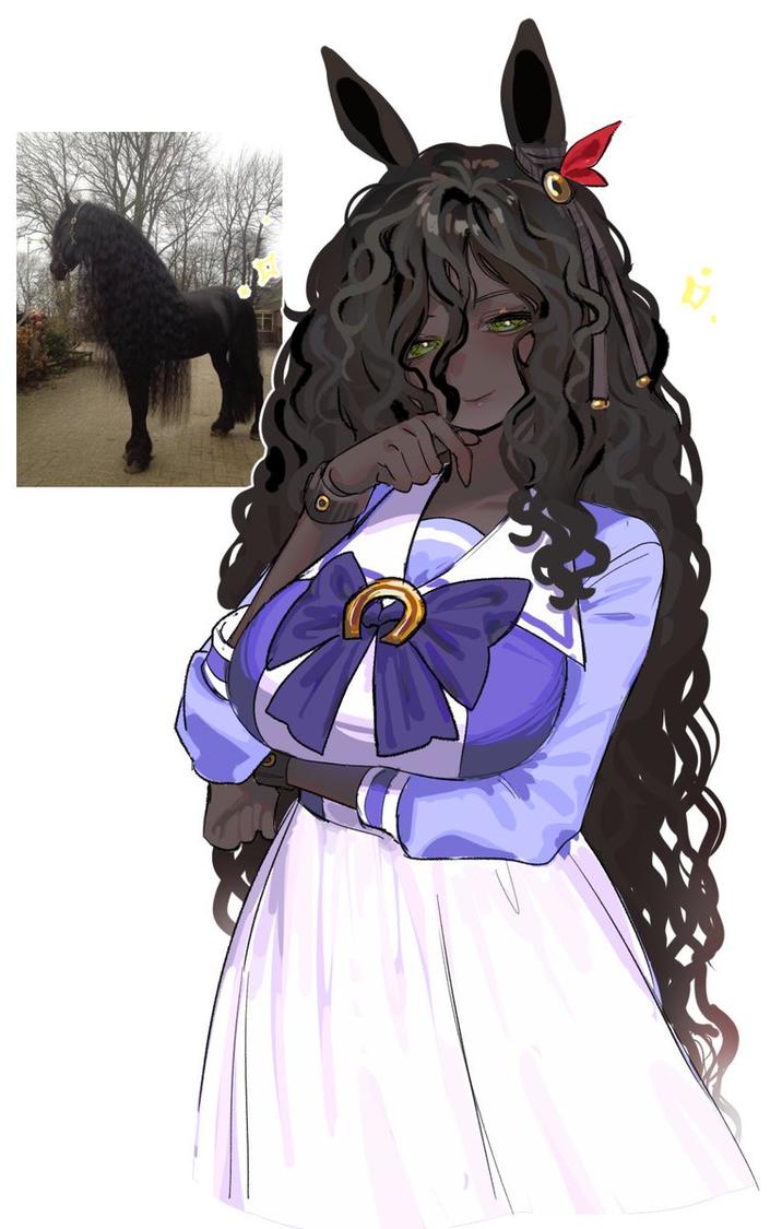 "Umamusume":https://knowyourmeme.com/memes/subcultures/uma-musume-pretty-derby-umamusume fan art by Aniver_sario. The art depicts a Friesian horse girl.