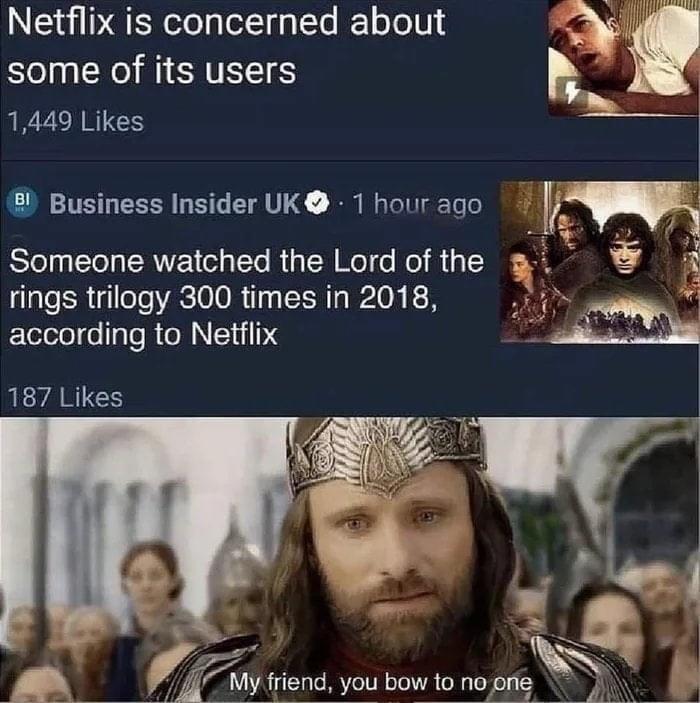 Netflix is concerned about some of its users 1,449 Likes BI Business Insider UK 1 hour ago Someone watched the Lord of the rings trilogy 300 times in 2018, according to Netflix 187 Likes My friend, you bow to no one