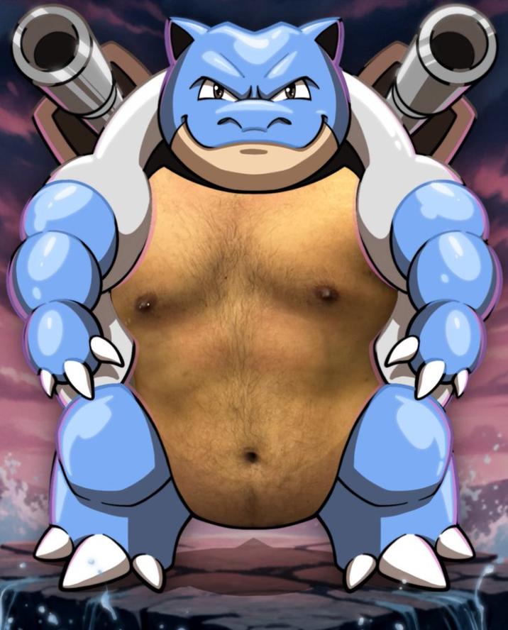 An edit of the Pokemon Blastoise. X user tjhotdoggo's chest replaces Blastoise's.