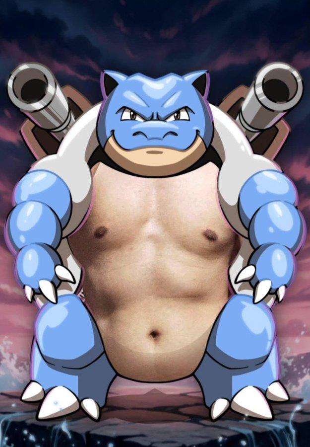 An edit of the Pokemon Blastoise. X user kdremb's chest replaces Blastoise's.