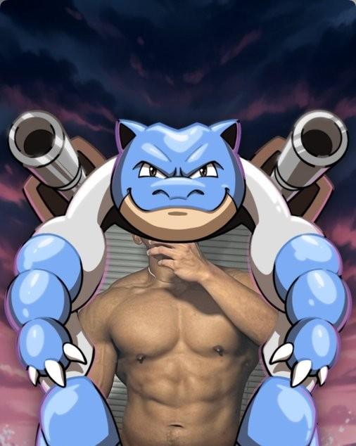 An edit of the Pokemon Blastoise. X user prowteinbox's chest replaces Blastoise's.