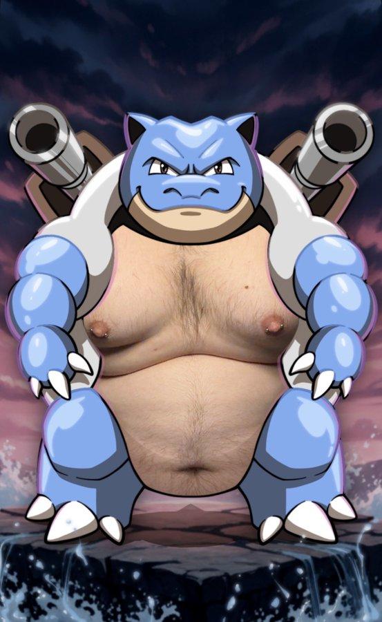 An edit of the Pokemon Blastoise. X user Buckthe_buck's chest replaces Blastoise's.
