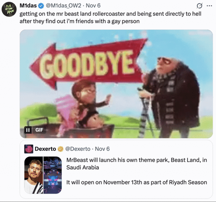 A "quote-tweet":https://knowyourmeme.com/memes/quote-retweets-qrts making fun of "MrBeast's":https://knowyourmeme.com/memes/people/mrbeast Saudi Arabia amusement park, Beast Land.