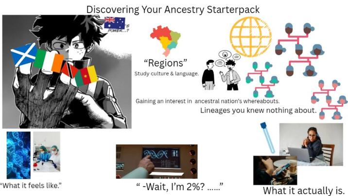 Discovering Your Ancestry Starterpack POWER..? "Regions" Study culture & language. Gaining an interest in ancestral nation's whereabouts. Lineages you knew nothing about. "What it feels like." "-Wait, I'm 2%? ..." What it actually is.