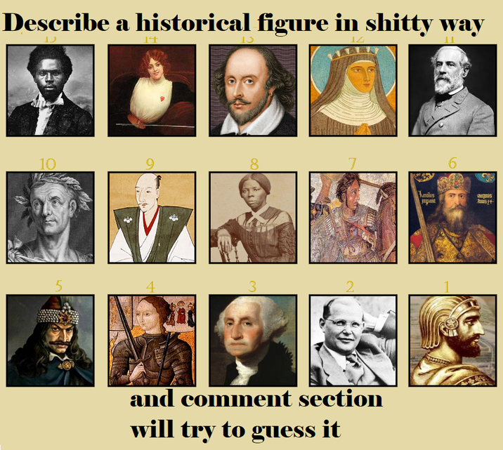 Describe a historical figure in s----- way 14 13 Iz 10 9 5 30 8 00 4 3 2 kmolus Illigait. aus Amis+ and comment section will try to guess it