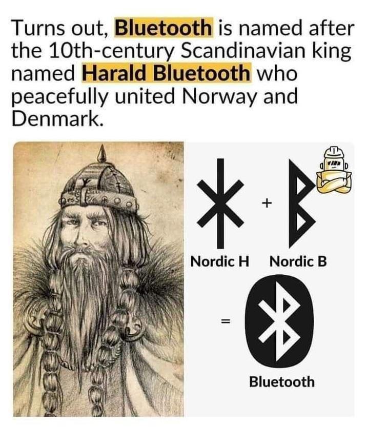 Turns out, Bluetooth is named after the 10th-century Scandinavian king named Harald Bluetooth who peacefully united Norway and Denmark. + Nordic H Nordic B * Bluetooth