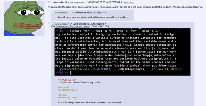 I uninstalled Linux Anonymous 11/14/25(Fri)06:20:25 No.107203509 >>107203533 It's such a s--- OS. None of my games works, none of my programs work, I have to do a s--- ton of tinkering, and font is too blurry. Windows absolutely destroys it. >> Anonymous 11/14/25(Fri)06:26:56 No. 107203527 its not for everyone you should stick with fischerprice and thumb sucking Anonymous 11/14/25(Fri)06:28:40 No.107203533 File: Screenshot 2025-11-14 at (...).png (779 KB, 2192x766) [[$] <> elvdocs "var" | fold -w 75 | grep -E 'var' | head -n 10 2 = ing variables: var\n8.2. Assigning variables or elements: set\n8.3. Assign xt, is also used\nas a variable suffix to indicate variables for commands technically a metacharacter, but is used in\nqualified variable names and w orks as a\nvariable suffix for namespaces.\n3.3. Single-quoted string\nA si cters, so don't use them to separate elements:\n~> var li [a, b]\n~> put but includes $li[$b].\n\n\nExamples: \n~> var li = [lorem ipsum foo bar] \n~> n~> var map = [&a=lorem &b=ipsum &a..b=haha]\n~> echo $map[a]\nlorem\n~> ec the initial value of variables that are declared but\nnot assigned.\n4.7. B kept in variables, used as\narguments, output on the value channel and emb out a signature: \n~> var f = { echo "Inside a lambda" }\n~> put $f\n <clos [gbcrockett@MacBook-Pro-duck1013] - [~/Desktop/images] - [Fri Nov 14, 04:10] L[$] <> >>107203509 (OP). come join us in the MACsterrace, my brother >be macOS >be eternally based >be linux >be eternally cringe linux is for cringe losers who think they know how computers work
