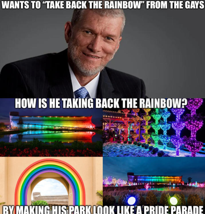 WANTS TO "TAKE BACK THE RAINBOW" FROM THE GAYS HOW IS HE TAKING BACK THE RAINBOW? BY MAKING HIS PARK LOOK LIKE A PRIDE PARADE