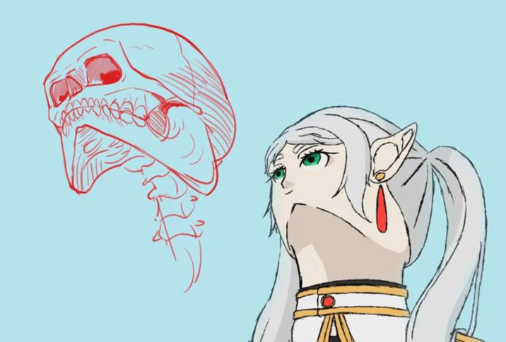 An edit of a bad Frieren drawing. The drawing imagines what her skull might look like.