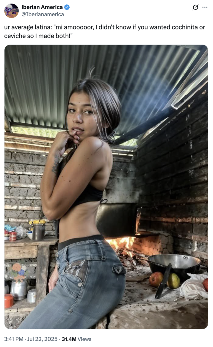 The original "tweet":https://knowyourmeme.com/memes/sites/twitter-x that "reposted":https://knowyourmeme.com/memes/repost the photo of the Latina woman cooking over a fire and biting her finger, captioned, "Ur average Latina: 'Mi amooooor, I didn't know if you wanted cochinita or ceviche so I made both!'"