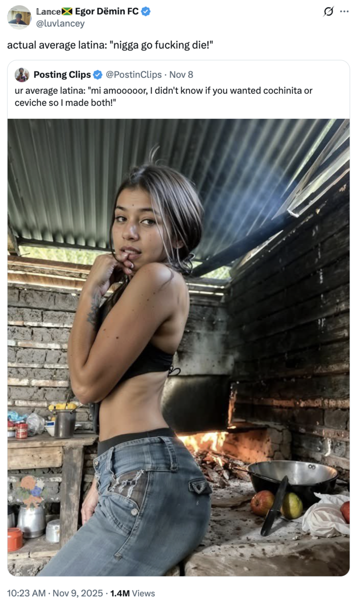 A "quote-tweet":https://knowyourmeme.com/memes/quote-retweets-qrts of the original "tweet":https://knowyourmeme.com/memes/sites/twitter-x that "reposted":https://knowyourmeme.com/memes/repost the photo of the Latina woman cooking over a fire and biting her finger, captioned, "Ur average Latina: 'Mi amooooor, I didn't know if you wanted cochinita or ceviche so I made both!'"