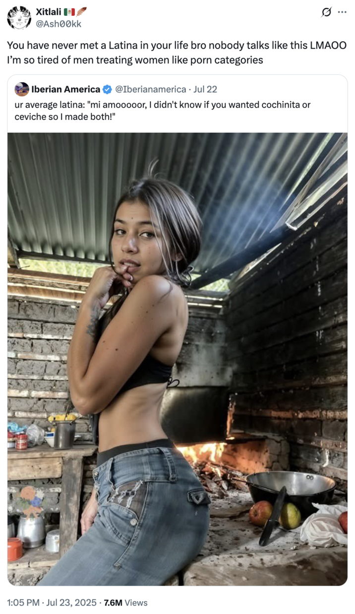 Xitlali @Ash00kk Ø .. You have never met a Latina in your life bro nobody talks like this LMAOO I'm so tired of men treating women like p--- categories Iberian America @Iberianamerica. Jul 22 ur average latina: "mi amooooor, I didn't know if you wanted cochinita or ceviche so I made both!" 1:05 PM - Jul 23, 2025 7.6M Views