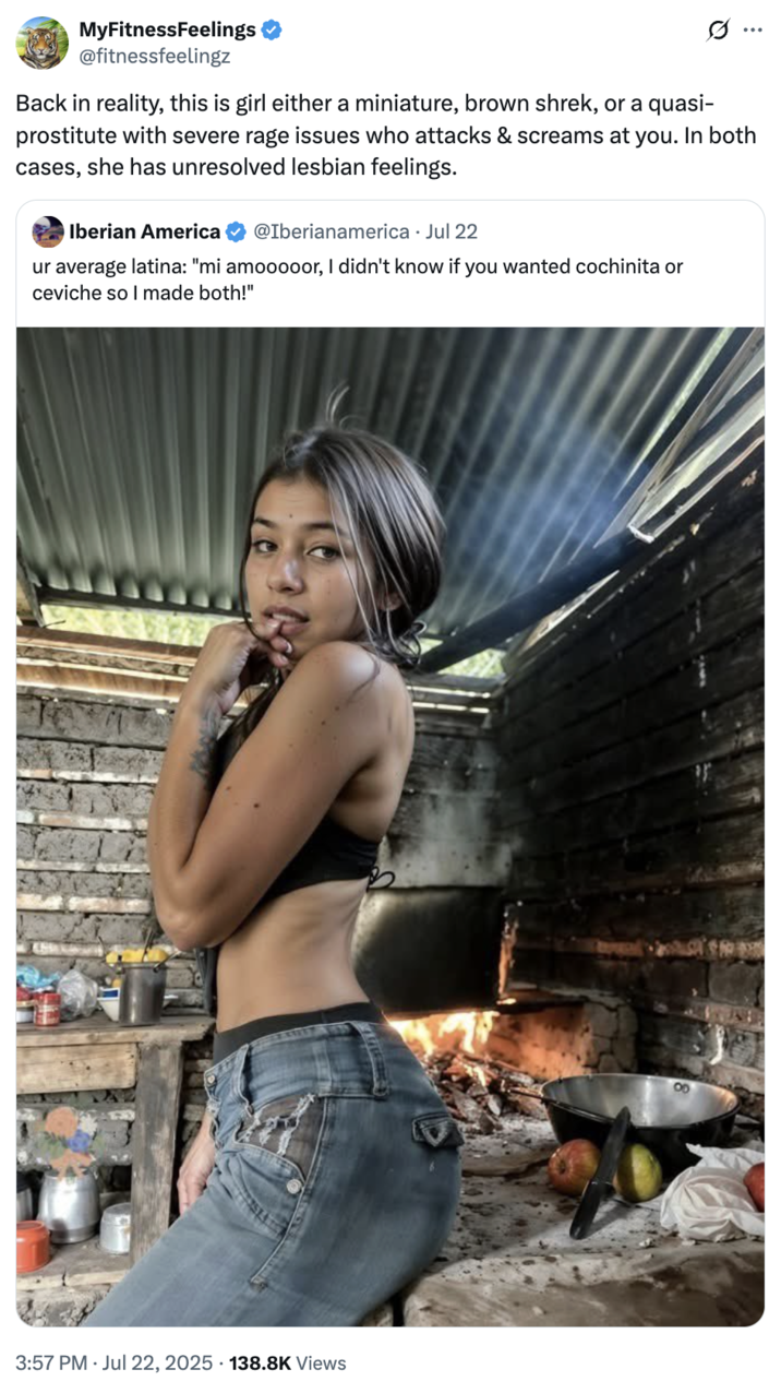 A "quote-tweet":https://knowyourmeme.com/memes/quote-retweets-qrts of the original "tweet":https://knowyourmeme.com/memes/sites/twitter-x that "reposted":https://knowyourmeme.com/memes/repost the photo of the Latina woman cooking over a fire and biting her finger, captioned, "Ur average Latina: 'Mi amooooor, I didn't know if you wanted cochinita or ceviche so I made both!'"