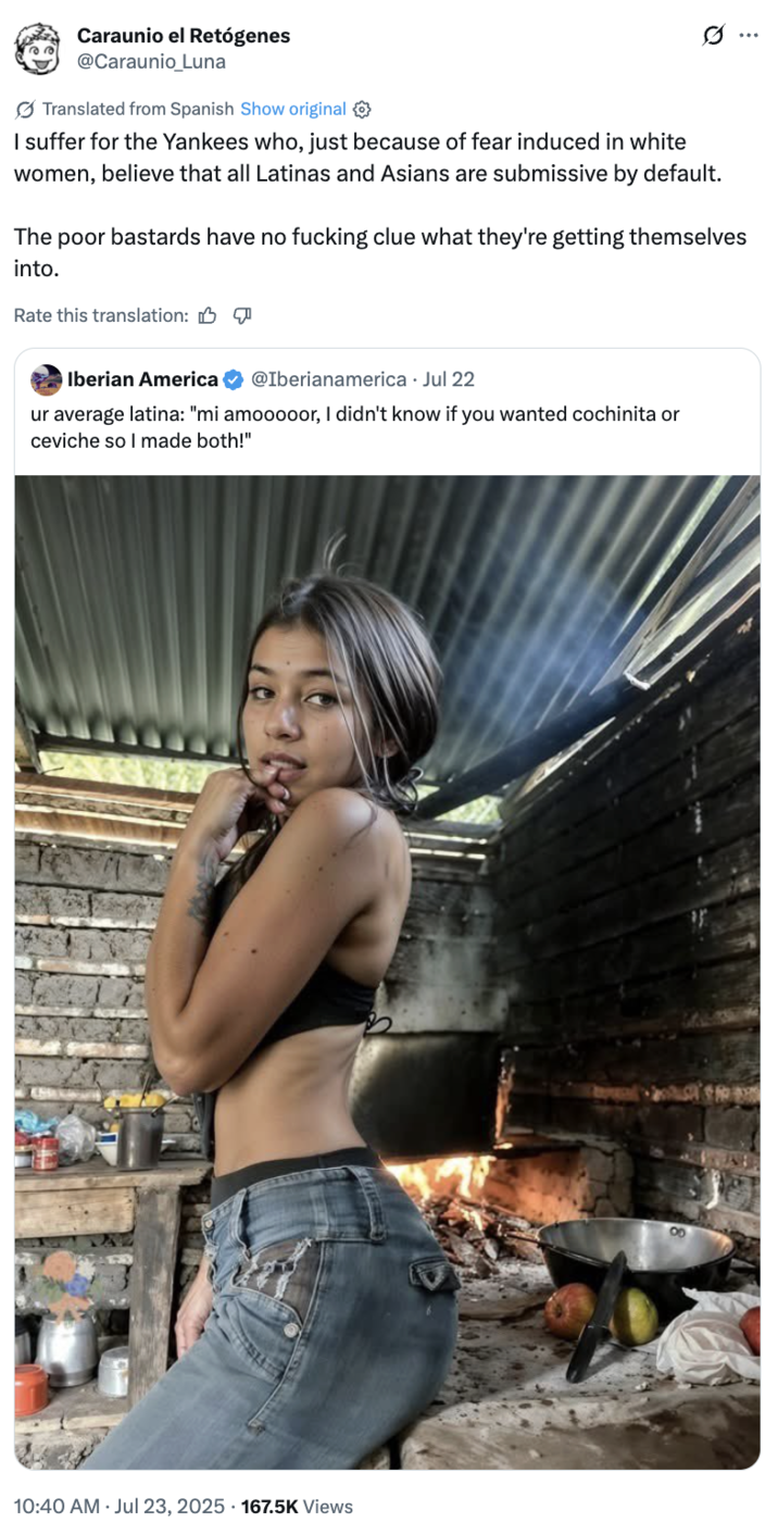 A "quote-tweet":https://knowyourmeme.com/memes/quote-retweets-qrts of the original "tweet":https://knowyourmeme.com/memes/sites/twitter-x that "reposted":https://knowyourmeme.com/memes/repost the photo of the Latina woman cooking over a fire and biting her finger, captioned, "Ur average Latina: 'Mi amooooor, I didn't know if you wanted cochinita or ceviche so I made both!'"