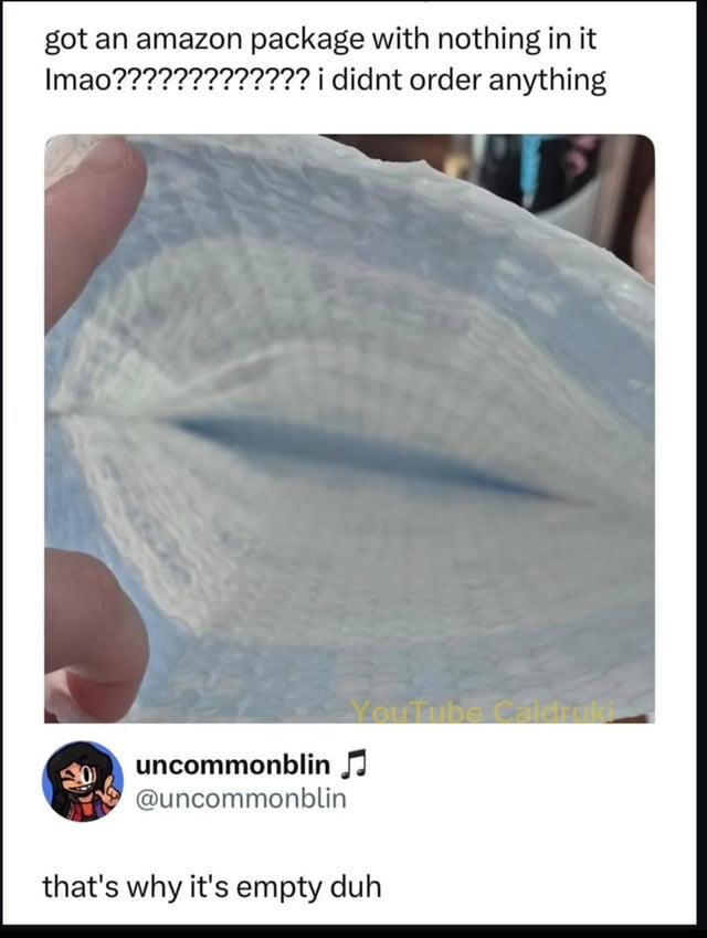 got an amazon package with nothing in it Imao????????????? i didnt order anything YouTube Caldruki uncommonblin ♫ @uncommonblin that's why it's empty duh