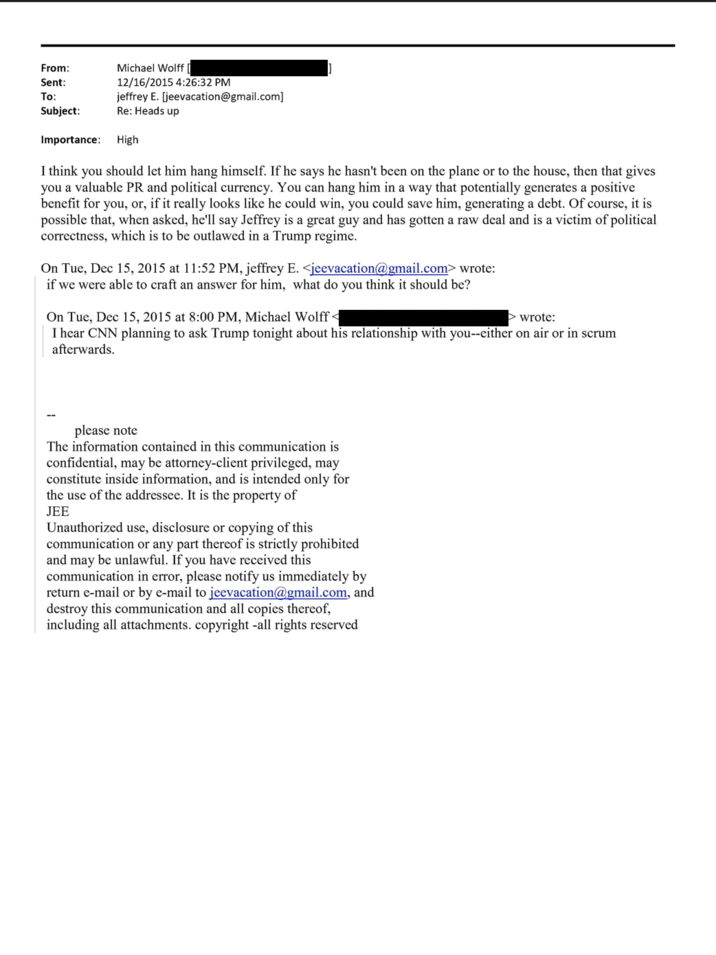 An email between "Jeffrey Epstein":https://knowyourmeme.com/memes/events/jeffrey-epstein-sex-trafficking-case and Michael Wolff, released by the House Oversight Committee and Epstein's Estate in November 2025.
