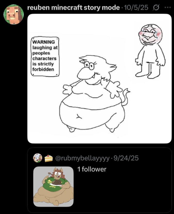 X user @kyotokafe tweeted the "Warning laughing at people's characters is strictly forbidden" image in response to X user @rubmybellayyyy's artwork. The post gathered over 12,000 likes in a month.