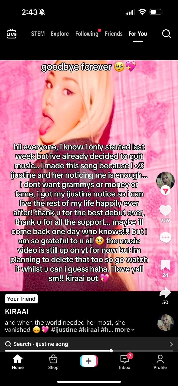 A deleted KIRAAI video. The video claims she's quitting music.