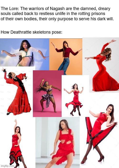 The Lore: The warriors of Nagash are the damned, dreary souls called back to restless unlife in the rotting prisons of their own bodies, their only purpose to serve his dark will. How Deathrattle skeletons pose: imgflip.com