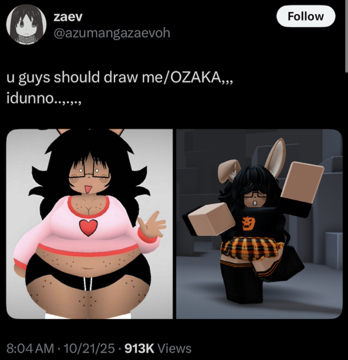 X user @azumangazaevoh posted their overweight furry OC and their Roblox avatar on October 21st, 2025.