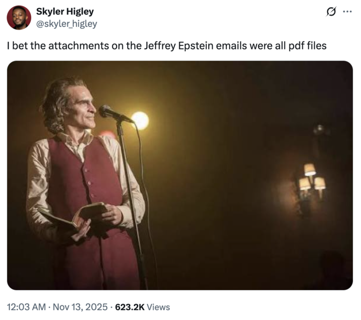 A "Joker's Stand-Up":https://knowyourmeme.com/memes/jokers-stand-up meme about the November 2025 Jeffrey Epstein Emails Release and the "Algospeak":https://knowyourmeme.com/memes/algospeak-slang-replacement term "PDF Files":https://knowyourmeme.com/memes/pdf-file-slang.