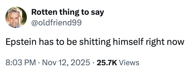 Rotten thing to say @oldfriend99 Epstein has to be s------- himself right now 8:03 PM Nov 12, 2025 25.7K Views