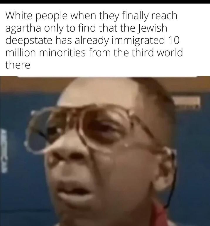 White people when they finally reach agartha only to find that the Jewish deepstate has already immigrated 10 million minorities from the third world. there