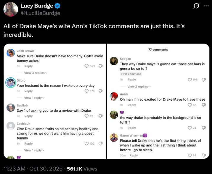 A post sharing comments on Ann Maye's TikTok. The post reads, "All of Drake Maye’s wife Ann’s TikTok comments are just this. It’s incredible."