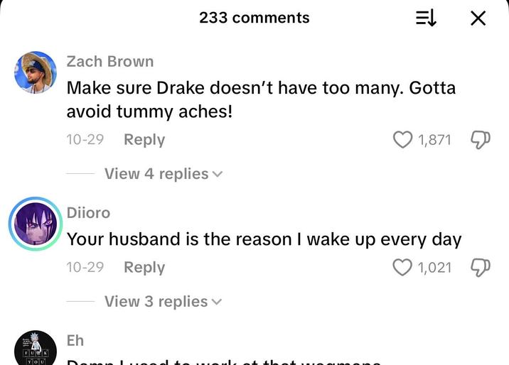A selection of comments left on Drake Maye's wife Ann Michael Maye's TikTok videos. The comments are all sharing love for Drake Maye in comedic ways.