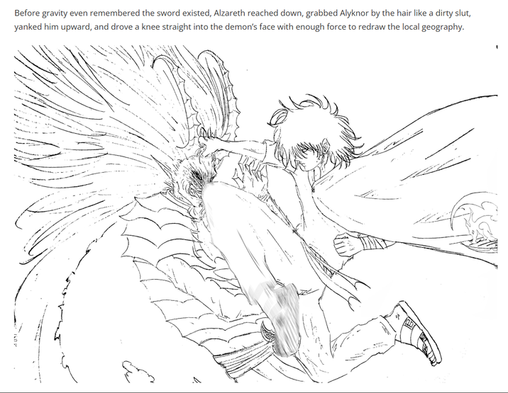 Before gravity even remembered the sword existed, Alzareth reached down, grabbed Alyknor by the hair like a dirty slut, yanked him upward, and drove a knee straight into the demon's face with enough force to redraw the local geography. Ex