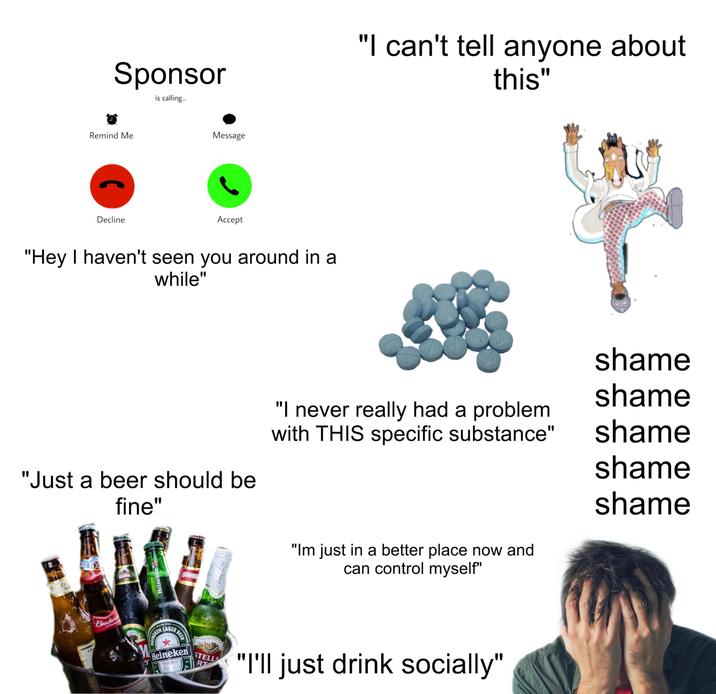 Sponsor is calling... Remind Me Decline Message Accept "Hey I haven't seen you around in a while" "I can't tell anyone about this" shame shame "I never really had a problem with THIS specific substance" shame shame "Just a beer should be fine" shame BO AP Bandu BRAHMA "Im just in a better place now and can control myself" Heinek HEINEKE LAGER ER BEE Heineken STELLA RT "I'll just drink socially"