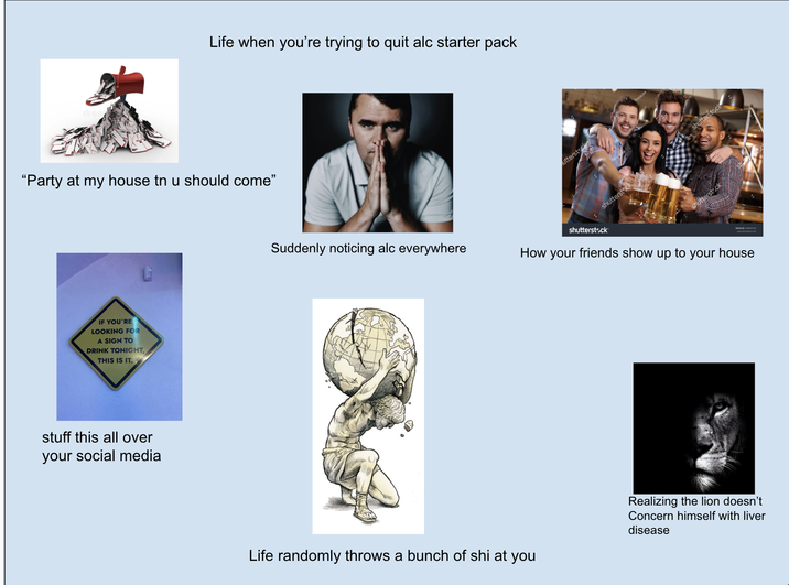 drea Life when you're trying to quit alc starter pack "Party at my house tn u should come" IF YOU'RE LOOKING FOR A SIGN TO DRINK TONIGHT, THIS IS IT. stuff this all over your social media Suddenly noticing alc everywhere utterstock StockLite shutterstock shutterstock How your friends show up to your house Realizing the lion doesn't Concern himself with liver disease Life randomly throws a bunch of shi at you