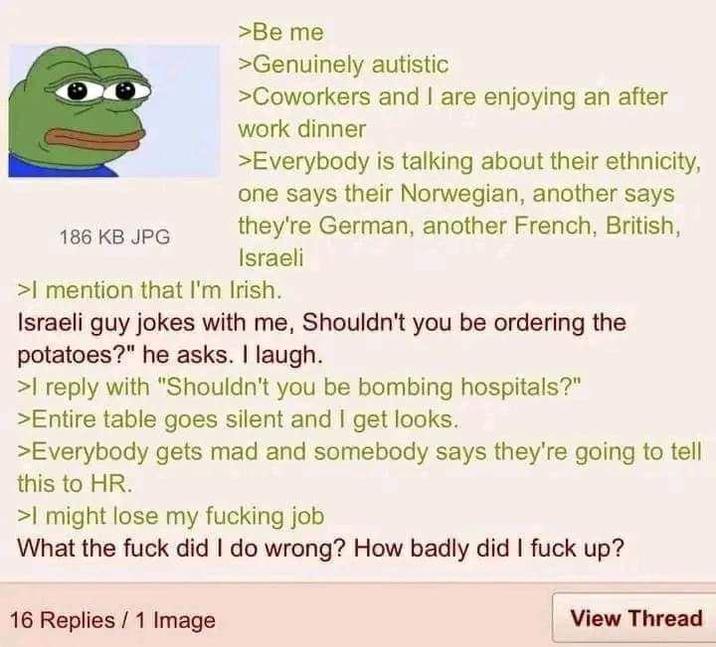 186 KB JPG >Be me >Genuinely autistic >Coworkers and I are enjoying an after work dinner >Everybody is talking about their ethnicity, one says their Norwegian, another says they're German, another French, British, Israeli >I mention that I'm Irish. Israeli guy jokes with me, Shouldn't you be ordering the potatoes?" he asks. I laugh. >I reply with "Shouldn't you be bombing hospitals?" >Entire table goes silent and I get looks. >Everybody gets mad and somebody says they're going to tell this to HR. >I might lose my f------ job What the f--- did I do wrong? How badly did I f--- up? 16 Replies / 1 Image View Thread