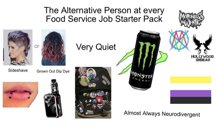 or The Alternative Person at every Food Service Job Starter Pack TAURINE GINS Very Quiet EVERYTHING SUCK ORT HARDCORE EMO MONSTER ENERGY Sideshave Grown Out Dip Dye (as] HOLLYWOOD UNDEAD Almost Always Neurodivergent