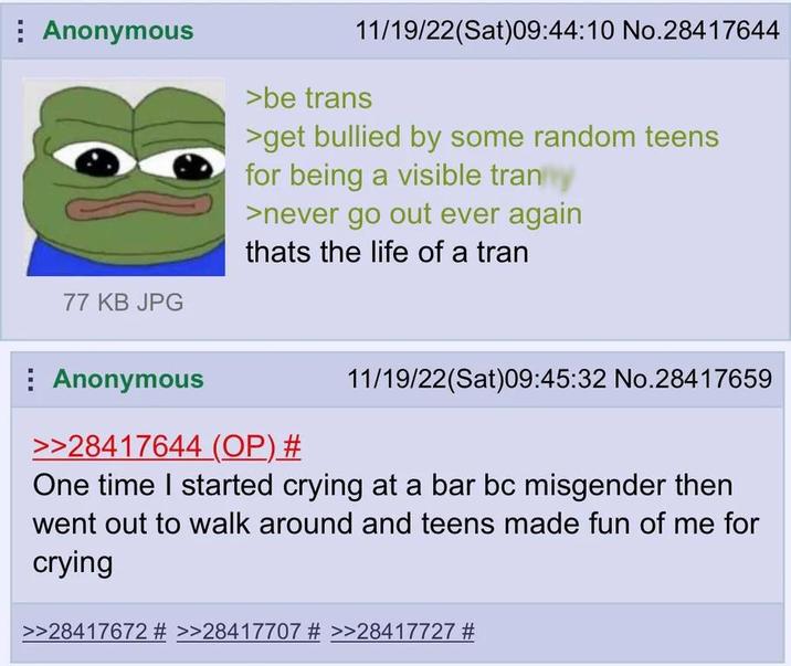Anonymous 11/19/22(Sat)09:44:10 No.28417644 >be trans >get bullied by some random teens for being a visible t----- >never go out ever again thats the life of a tran 77 KB JPG Anonymous 11/19/22(Sat)09:45:32 No.28417659 >>28417644 (OP) # One time I started crying at a bar bc misgender then went out to walk around and teens made fun of me for crying >>28417672 # >>28417707 # >>28417727 #
