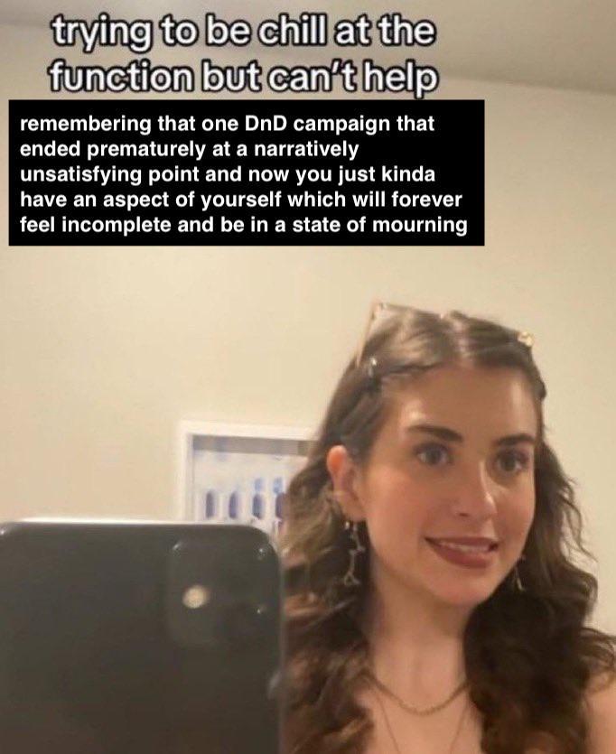 trying to be chill at the function but can't help remembering that one DnD campaign that ended prematurely at a narratively unsatisfying point and now you just kinda I have an aspect of yourself which will forever feel incomplete and be in a state of mourning