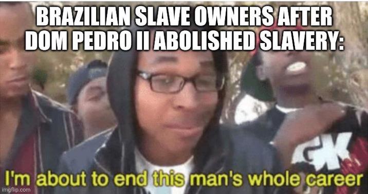 BRAZILIAN SLAVE OWNERS AFTER DOM PEDRO II ABOLISHED SLAVERY: מו I'm about to end this man's whole career imgflip.com