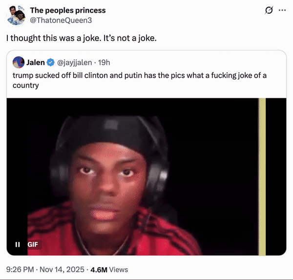 Tweet by @thatonequeen3 that reads, "I thought this was a joke. It’s not a joke." The tweet was posted in response to a post that read, "trump sucked off bill clinton and putin has the pics what a f------ joke of a country."