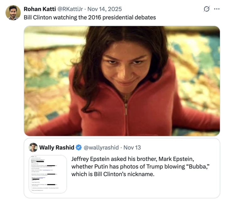 X user @RKattiJr tweeted an image of Zendaya from the film _Challengers_, writing, "Bill Clinton watching the 2016 presidential debates," gathering over 200,000 likes in a day.