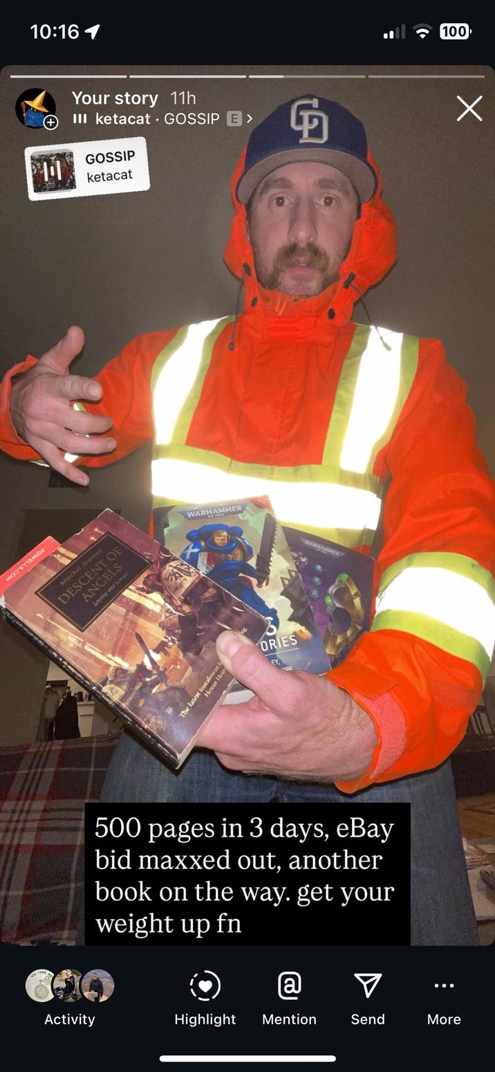 НОМО Mitchel Scanlon DESCENT OF ANGELS Loyalty and honour 川 The latest instalment i Horus Here 10:16 1 Your story 11h III ketacat GOSSIP E> GOSSIP ketacat G WAR 0.000 MER WARHAMMER ORIES EY, ORF 500 pages in 3 days, eBay bid maxxed out, another book on the way. get your weight up fn @ Activity Highlight Mention Send More 100 Х