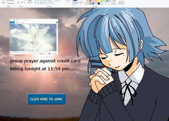 Resize Select Rotate Image Tools File Brushes 1 Untitled-Paint Home View 100% Shapes Fill- Size Colour Colour Edit Edit with 1 2 colours Paint 3D Colours group prayer against credit card billing tonight at 11:59 pm.... CLICK HERE TO JOIN!