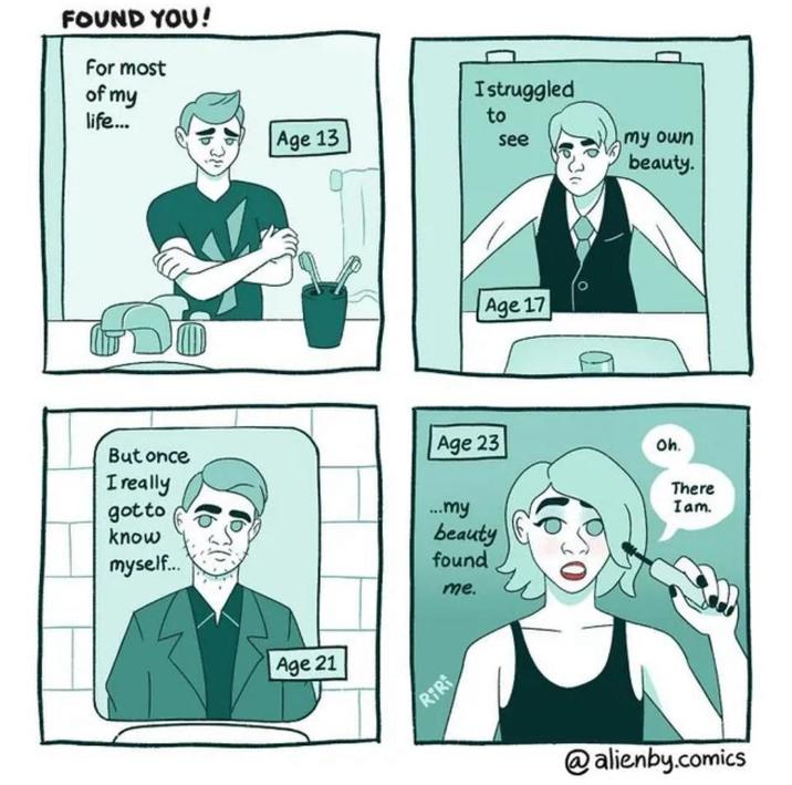 FOUND YOU! For most of my life... Age 13 I struggled to see Age 17 Age 23 Oh. D my own beauty. But once I really got to know myself... ...my beauty found me. There I am. Age 21 RIRI @alienby.comics