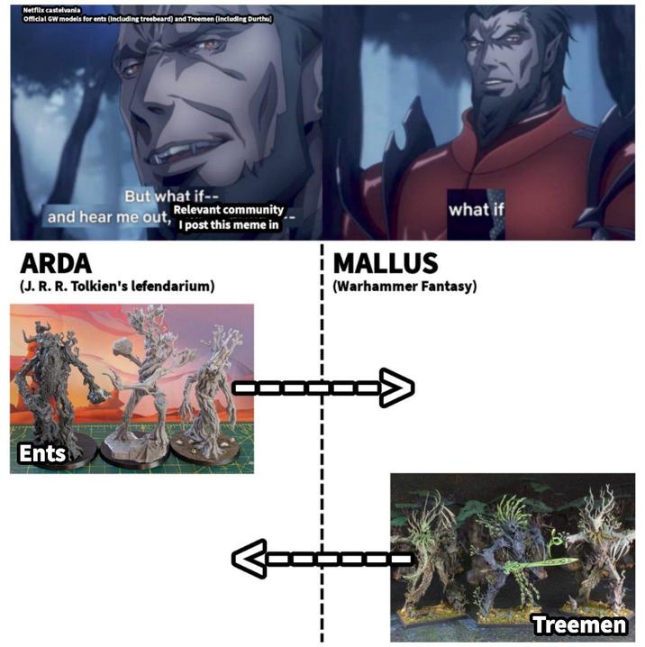 Netflix castelvania Official GW models for ents (Including treebeard) and Treemen (including Durthu But what if-- Relevant community and hear me out, I post this meme in ARDA (J. R. R. Tolkien's lefendarium) MALLUS what if (Warhammer Fantasy) Ents 3000 Treemen